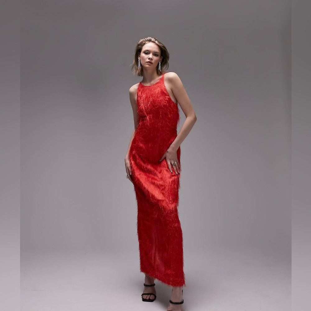 Top Shop Maxi Formal Red Feather Shimmer Dress Size US 8‎ NWT